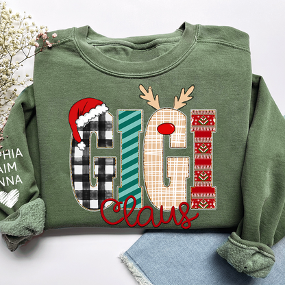 Gigi Claus Christmas Sweatshirt – Personalized Holiday  with Child’s Name on Sleeve Sweatshirts