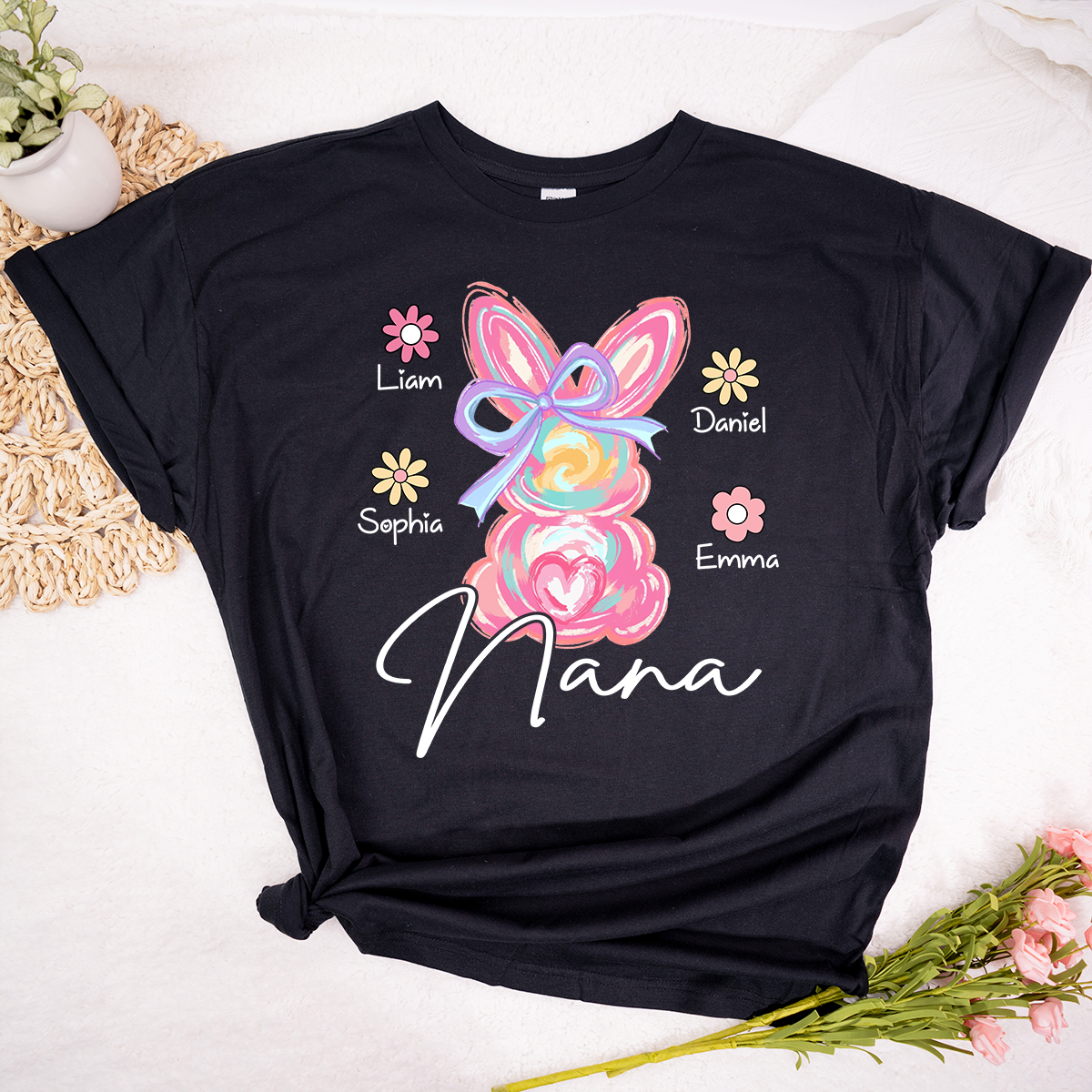 Custom Grandma T Shirt Bunny Design, Personalized Floral Shirt With Children Names