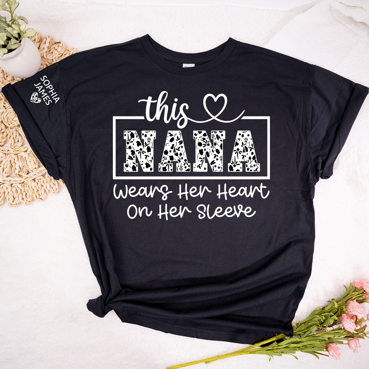 This Nana Wears Her Heart on Her Sleeve Floral T-Shirt, Custom Nana Gift for Grandmother