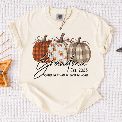 Comfort Colors® Personalized Grandma Pumpkin Tee, Custom Fall Shirt with Grandkids Names