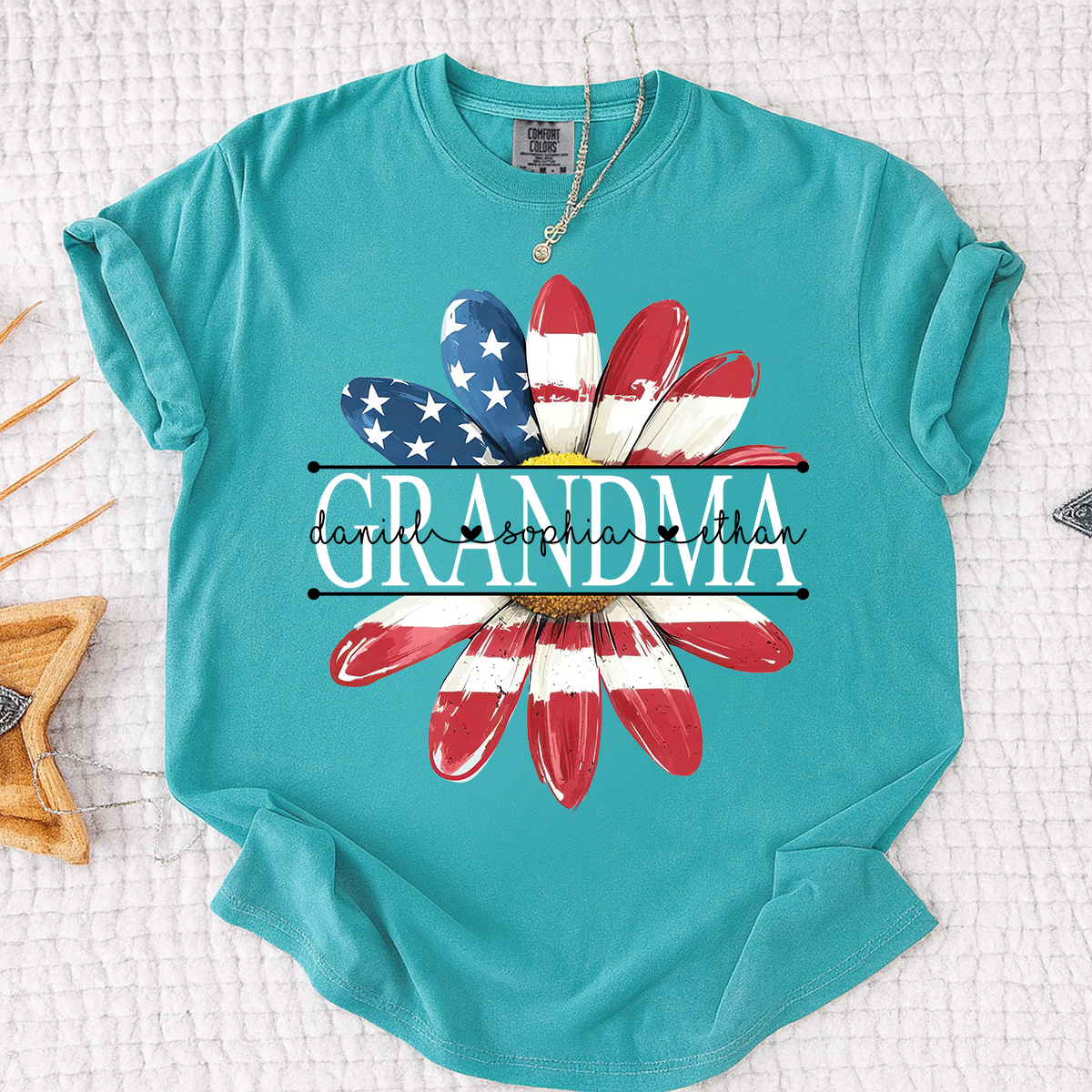 Comfort Colors Personalized Grandma Monogram Shirt, Custom Family Names Patriotic Flower T-Shirt