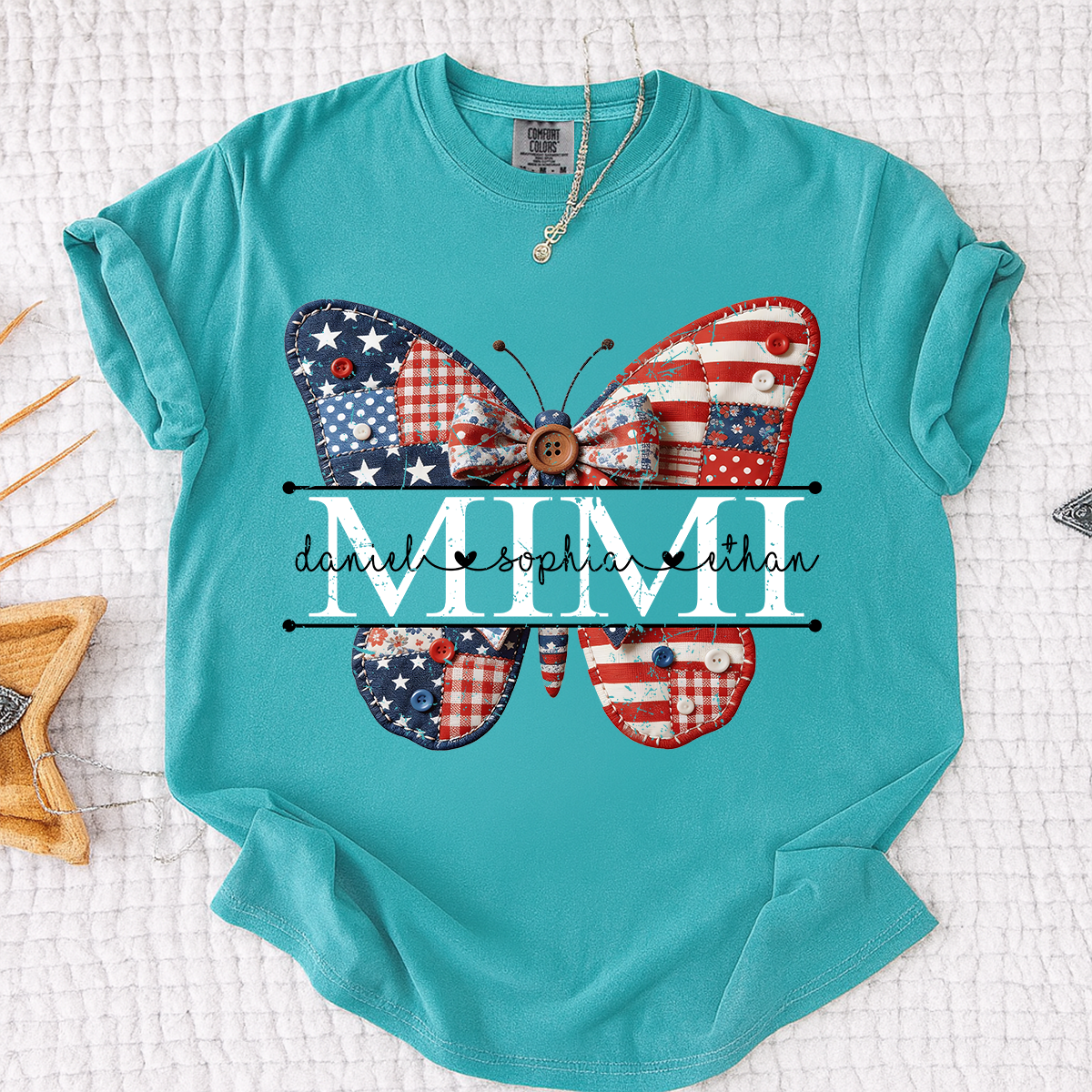Comfort Mimi Patriotic Shirt, Custom Names with USA Flag and Floral Butterfly Graphic