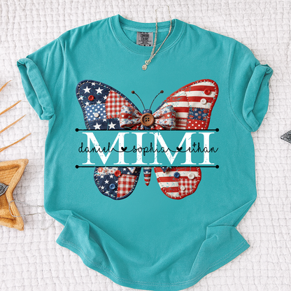 Comfort Mimi Patriotic Shirt, Custom Names with USA Flag and Floral Butterfly Graphic