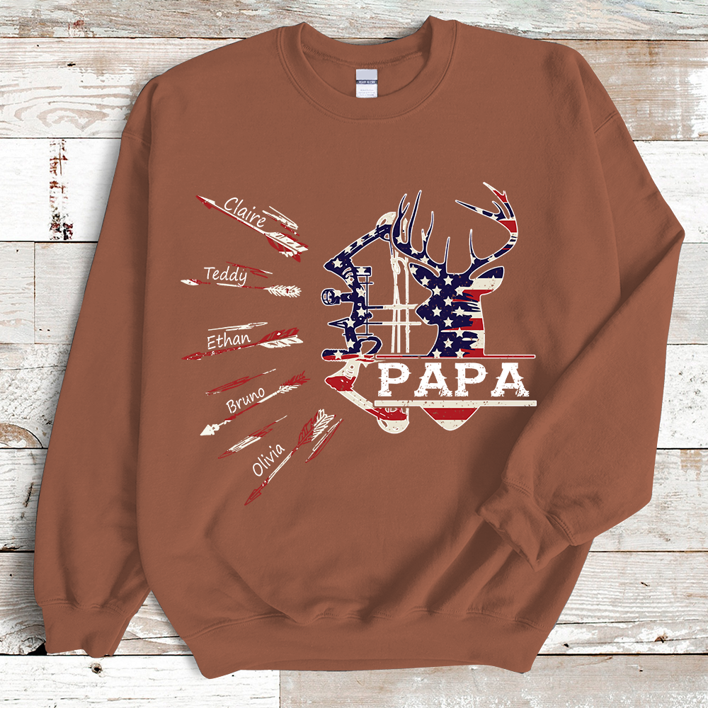 Papa Bow Hunting USA Flag Personalized Grandpa Sweatshirt