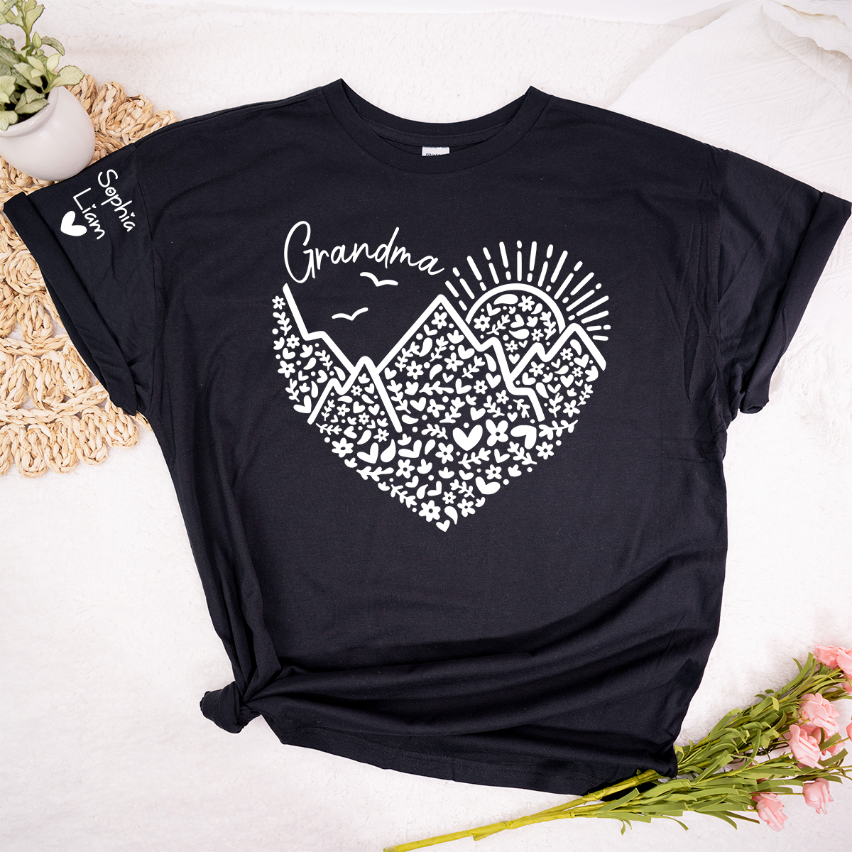 Personalized Grandma Mountain Heart Shirt, Custom Grandma T Shirt with Kids Names on Sleeve, Floral Family Gift for Women
