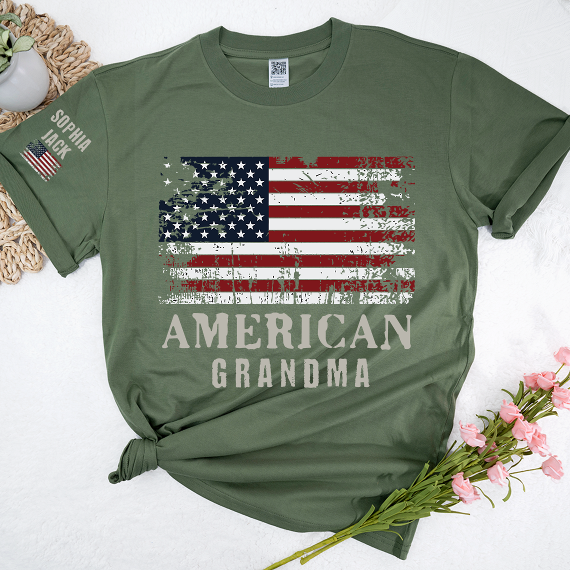 Custom American Grandma T-Shirt, Personalized Grandkids Name Sleeve Patriotic Shirt