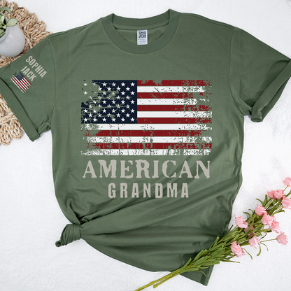 Custom American Grandma T-Shirt, Personalized Grandkids Name Sleeve Patriotic Shirt