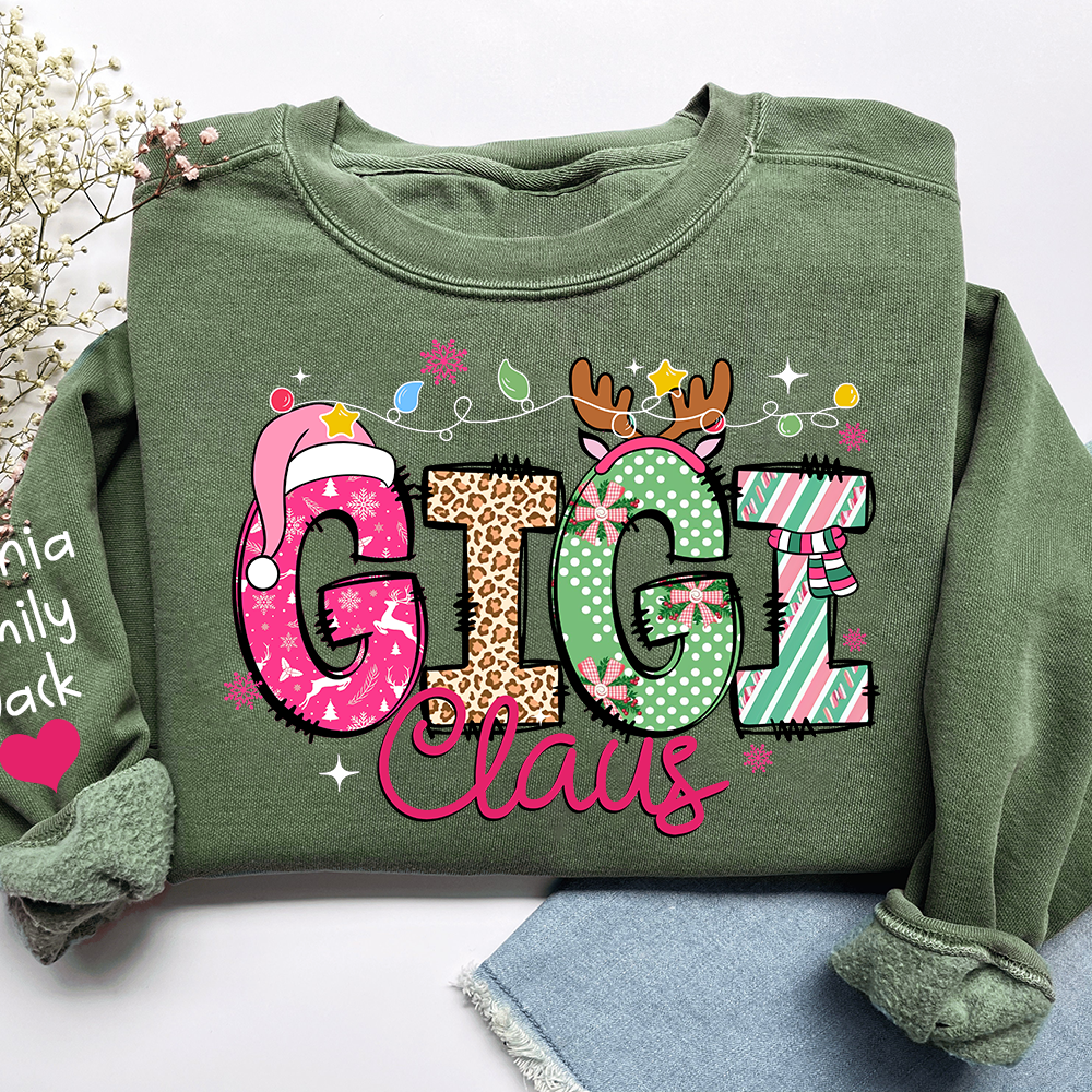 Personalized Grandma Sweatshirt, Merry Christmas Design with Grandchild's Name on Sleeve