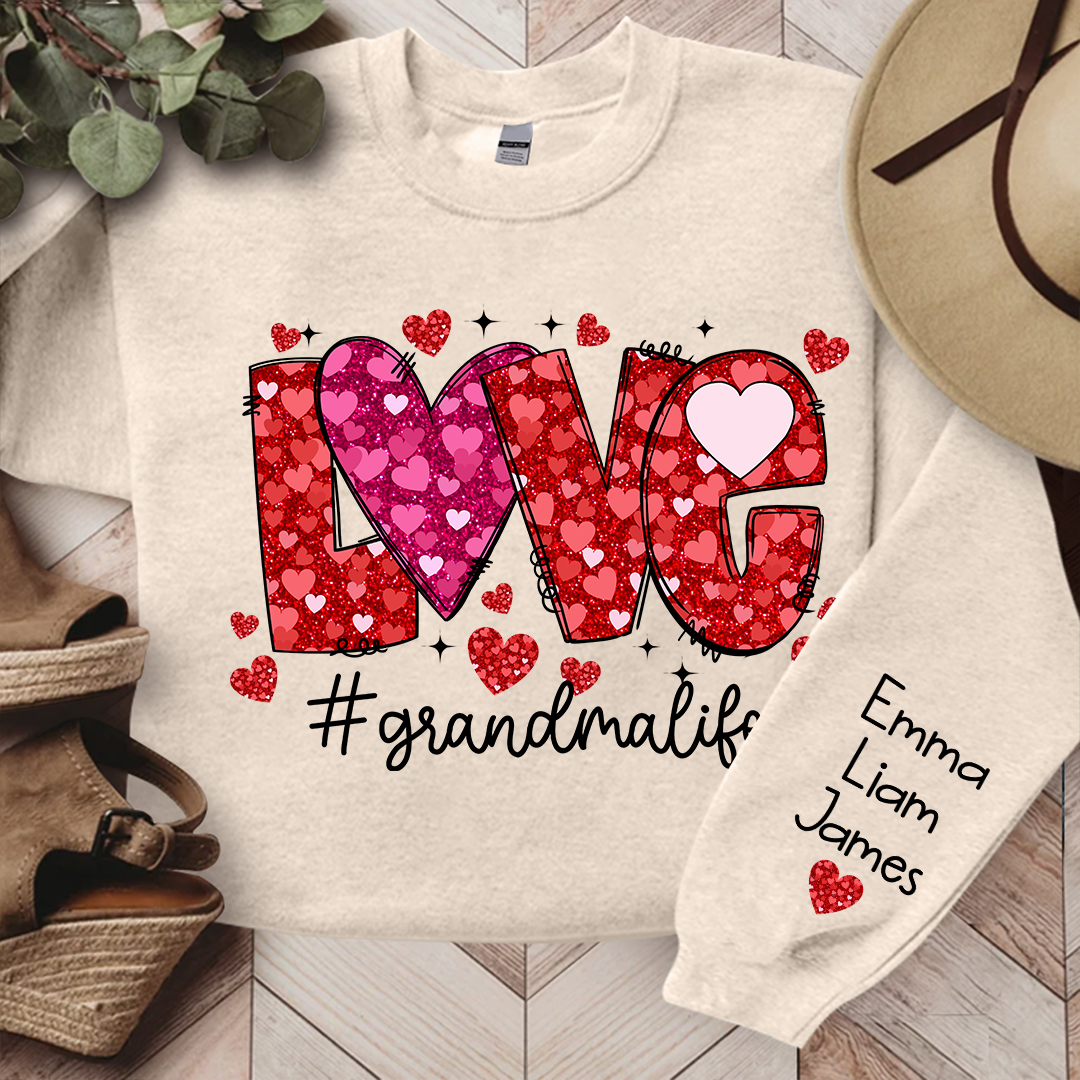 Love Pink Valentine Grandma Life, Custom Grandma And Kids, Grandma Gift TH Sweatshirt
