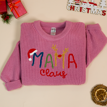 Custom Hand-Embroidered Christmas Knitted Sweater – Personalized Mama Claus Sweater with Festive Design