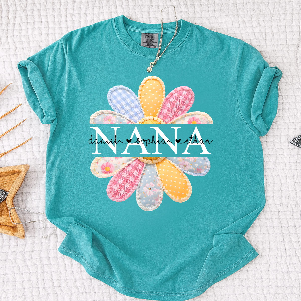 Comfort Colors Personalized Nana Shirt with Colorful Patchwork Daisy – Custom Grandma Gift with Grandkids  Names