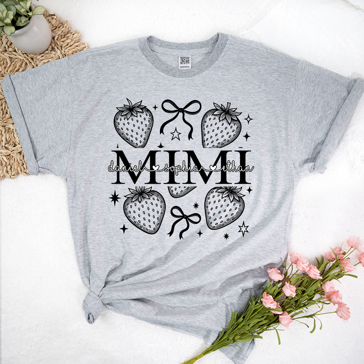 Personalized Mimi Strawberry Shirt, Custom Grandkids Names Floral Bow T-Shirt, Cute Grandma Gift, Summer Fruit Apparel
