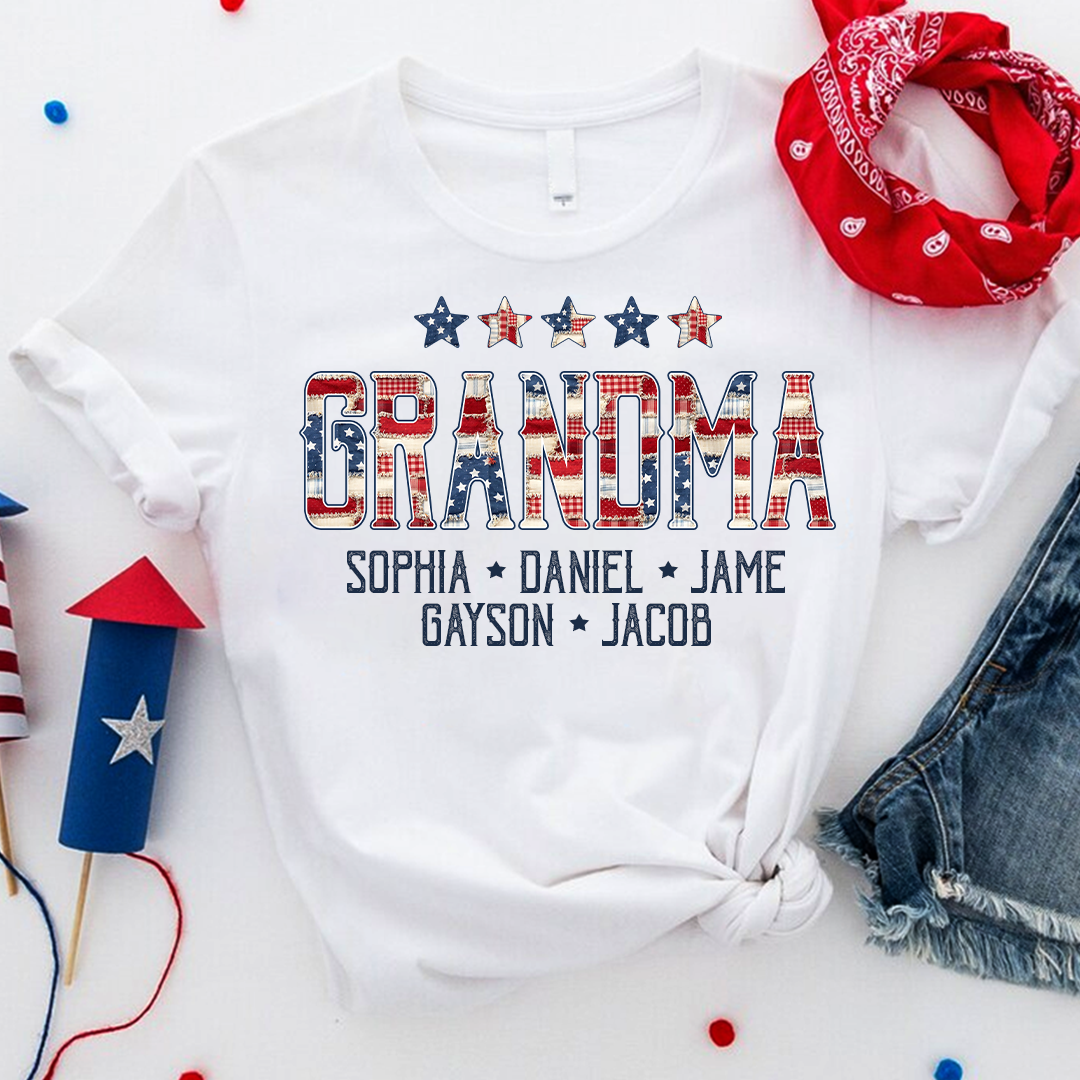 Grandma America Flag and Grandkids Personalized Independen Day Gift T-Shirt