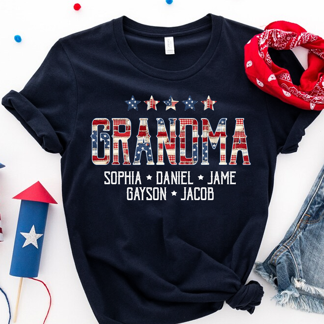 Grandma America Flag and Grandkids Personalized Independen Day Gift T-Shirt
