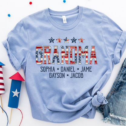 Grandma America Flag and Grandkids Personalized Independen Day Gift T-Shirt