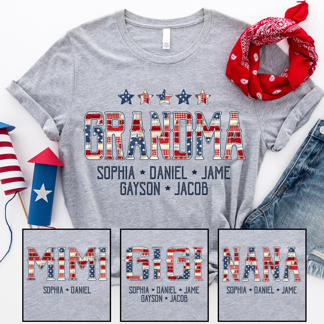 Grandma America Flag and Grandkids Personalized Independen Day Gift T-Shirt