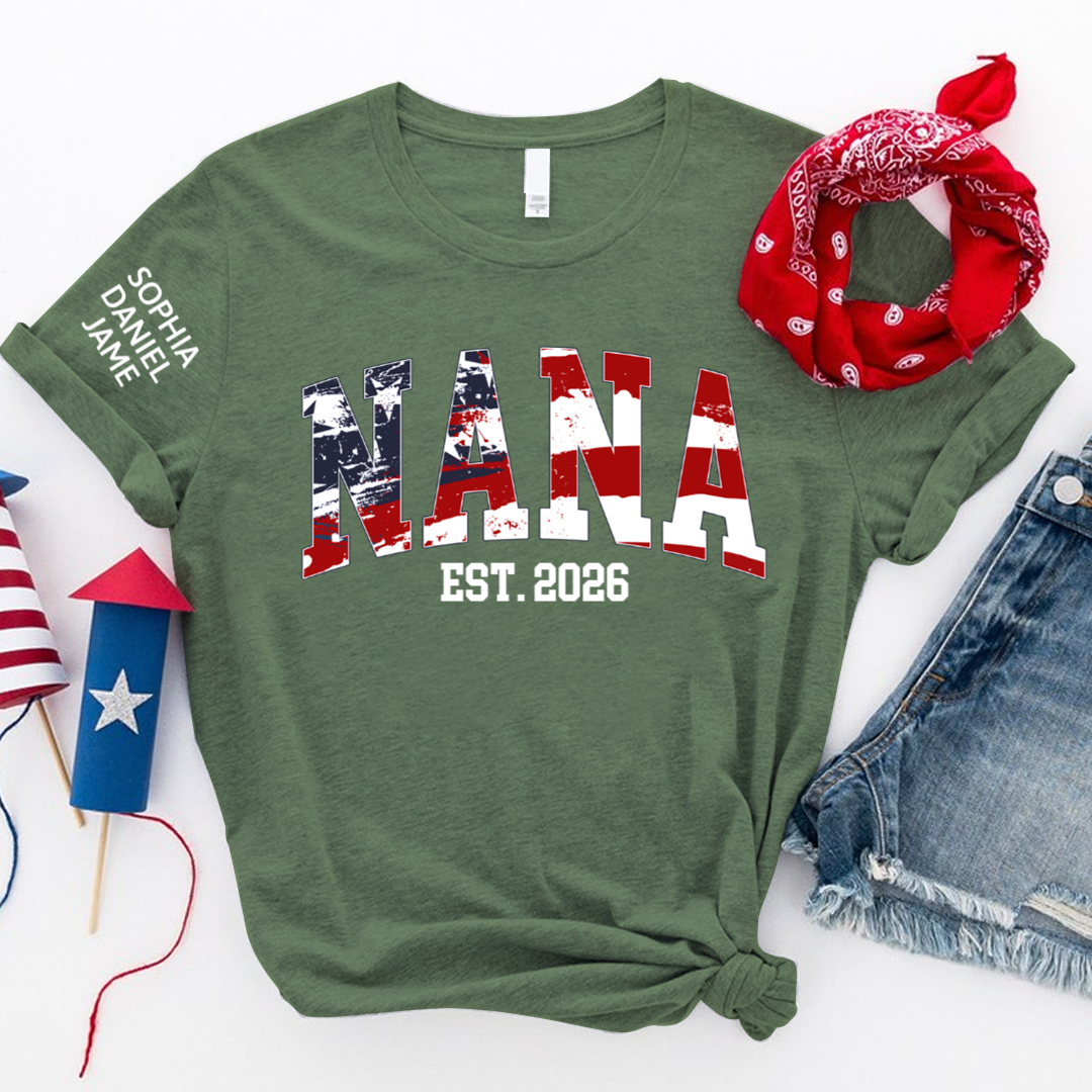 Personalized Nana Est US Flag Shirts With Grandkids Names, Custom Grandma Mimi Nana Gigi Gag T-Shirt, Gift For Birthday Mothers Day Independence Day