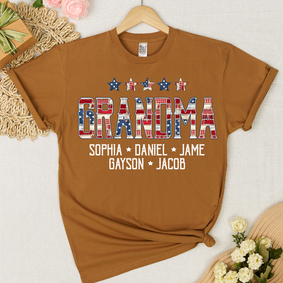 Grandma America Flag and Grandkids Personalized Independen Day Gift T-Shirt