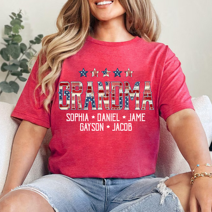 Grandma America Flag and Grandkids Personalized Independen Day Gift T-Shirt