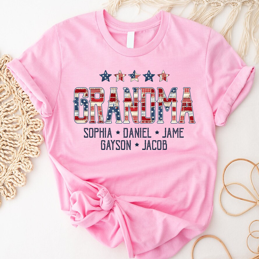 Grandma America Flag and Grandkids Personalized Independen Day Gift T-Shirt