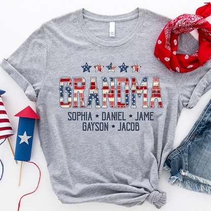 Grandma America Flag and Grandkids Personalized Independen Day Gift T-Shirt
