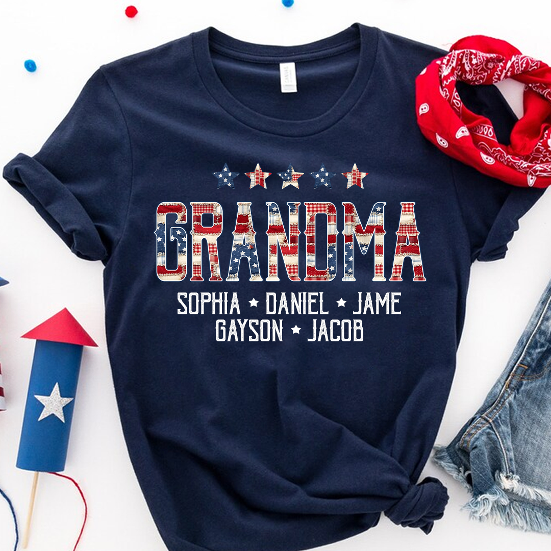 Grandma America Flag and Grandkids Personalized Independen Day Gift T-Shirt
