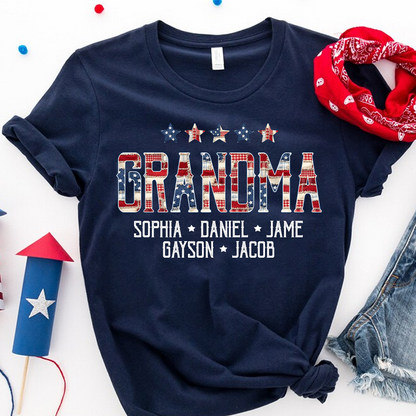 Grandma America Flag and Grandkids Personalized Independen Day Gift T-Shirt