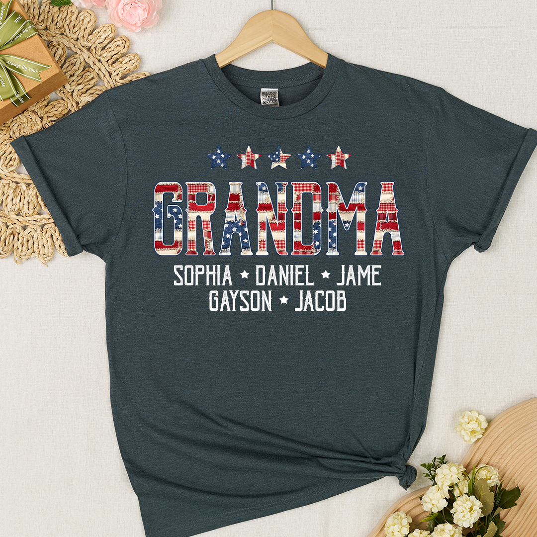 Grandma America Flag and Grandkids Personalized Independen Day Gift T-Shirt