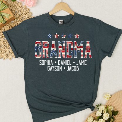 Grandma America Flag and Grandkids Personalized Independen Day Gift T-Shirt