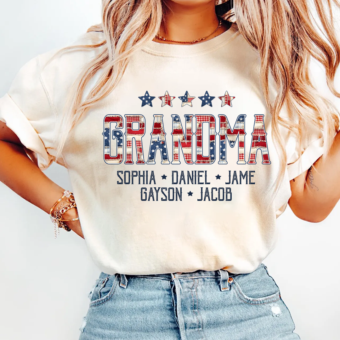Grandma America Flag and Grandkids Personalized Independen Day Gift T-Shirt