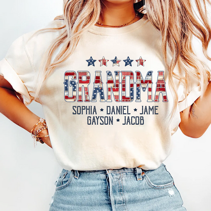 Grandma America Flag and Grandkids Personalized Independen Day Gift T-Shirt