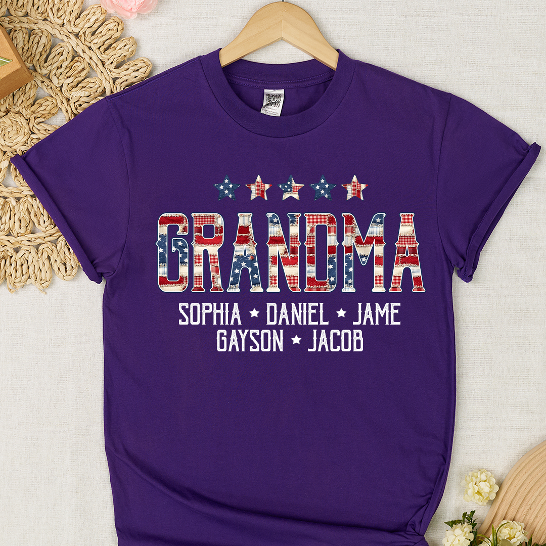 Grandma America Flag and Grandkids Personalized Independen Day Gift T-Shirt