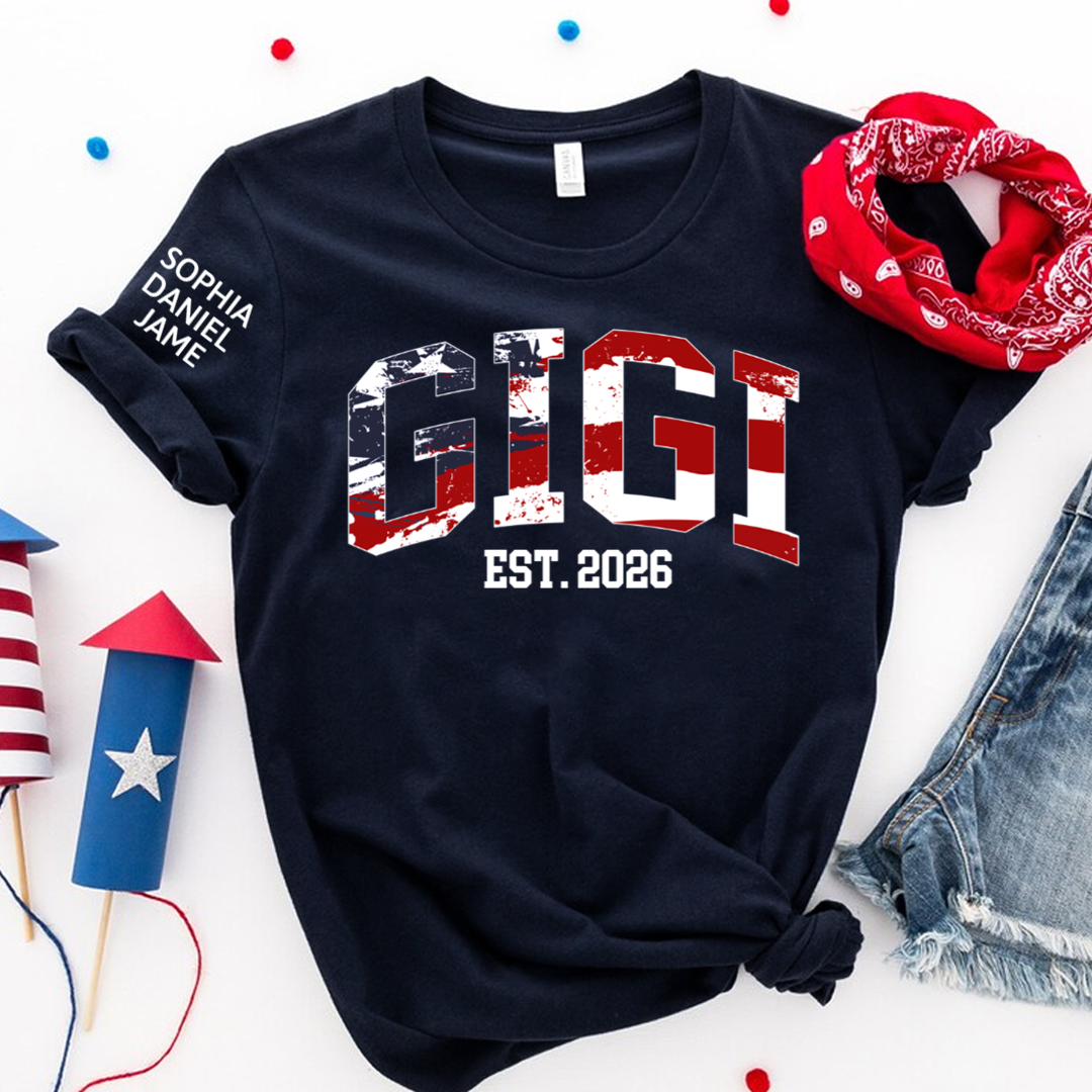 Personalized Nana Est US Flag Shirts With Grandkids Names, Custom Grandma Mimi Nana Gigi Gag T-Shirt, Gift For Birthday Mothers Day Independence Day