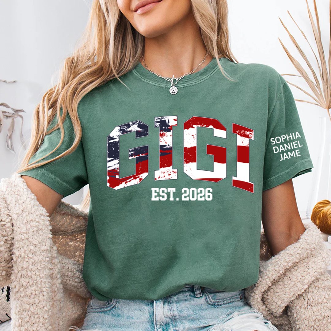 Personalized Nana Est US Flag Shirts With Grandkids Names, Custom Grandma Mimi Nana Gigi Gag T-Shirt, Gift For Birthday Mothers Day Independence Day
