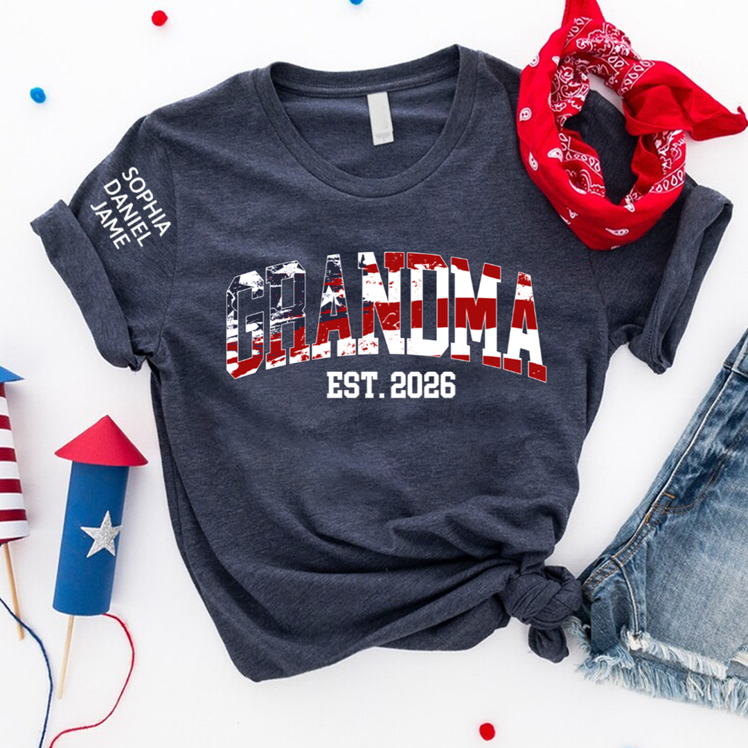 Personalized Nana Est US Flag Shirts With Grandkids Names, Custom Grandma Mimi Nana Gigi Gag T-Shirt, Gift For Birthday Mothers Day Independence Day