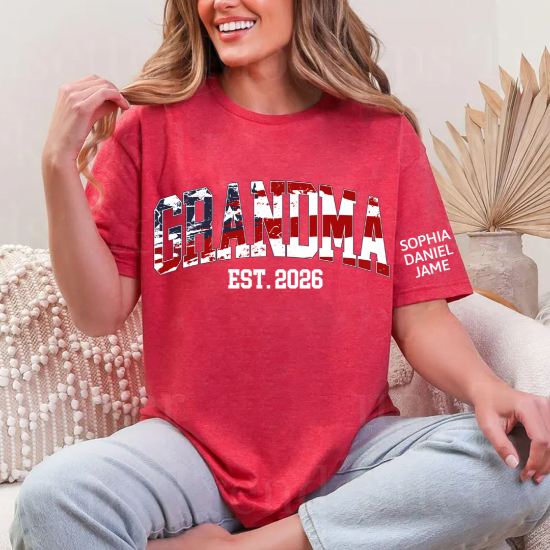 Personalized Nana Est US Flag Shirts With Grandkids Names, Custom Grandma Mimi Nana Gigi Gag T-Shirt, Gift For Birthday Mothers Day Independence Day