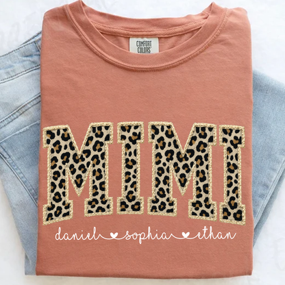 Personalized Mimi Shirt Leopard Print Patchwork Design Custom Grandma Nana Gigi Name Tee with Grandkids Names Trendy Animal Pattern Family Gift for Women