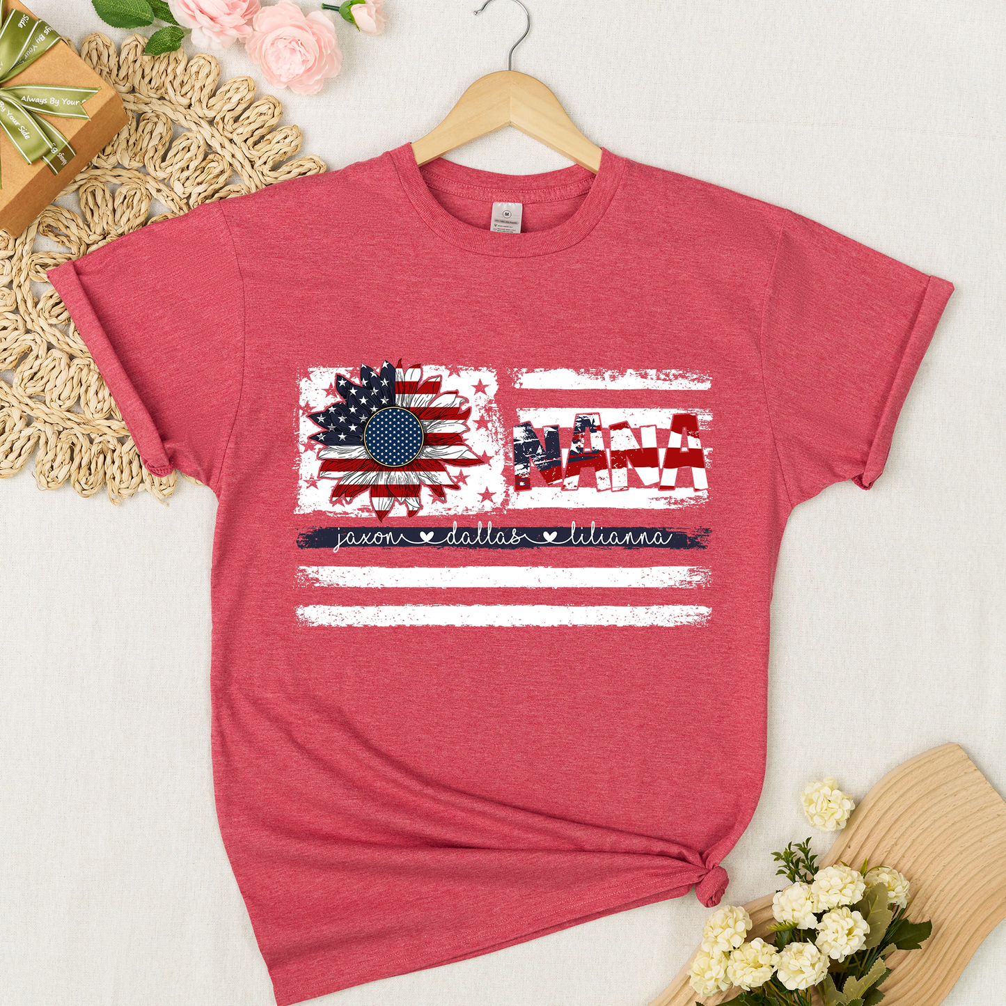 Personalized Nana Shirt with Grandkids Names, American Flag Sunflower Patriotic T-Shirt, Custom Grandma Gif