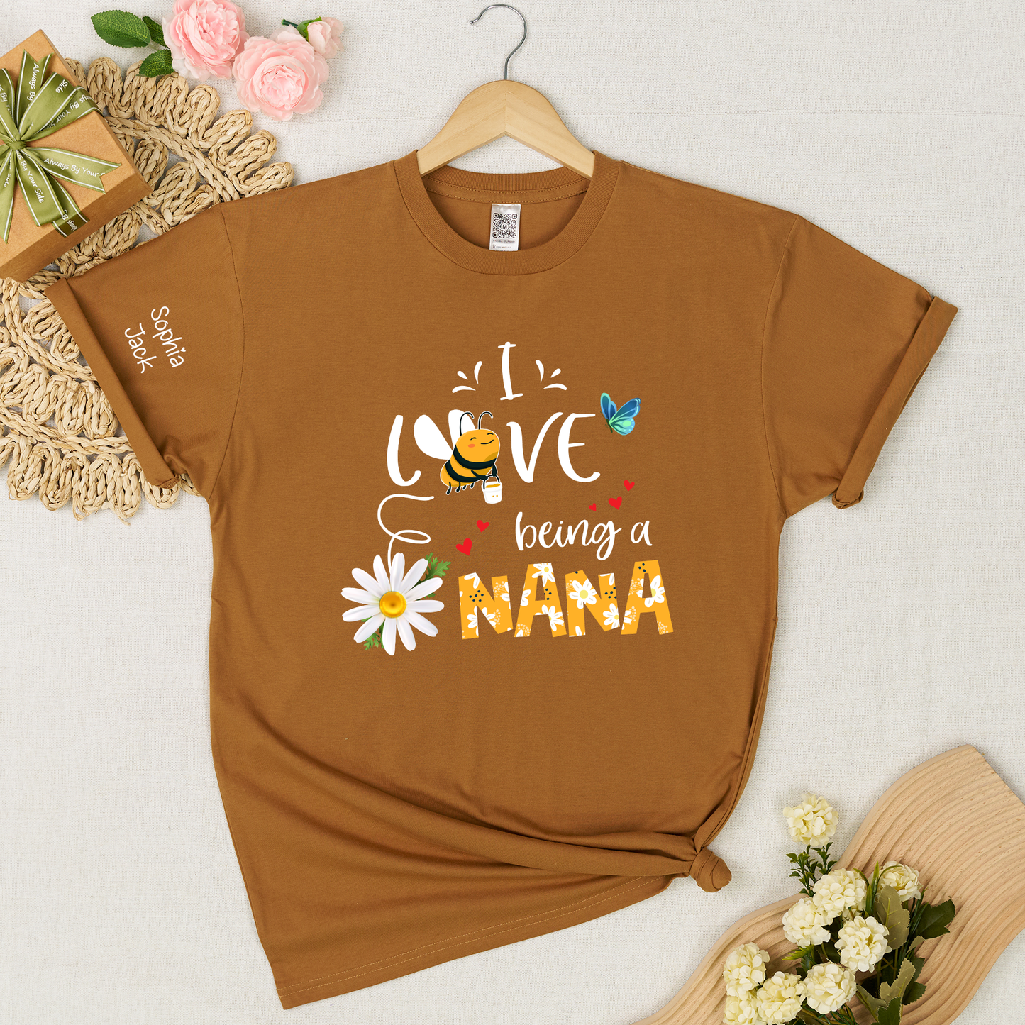 I Love Being a Nana Shirt with Daisy Bee Butterfly, Custom Kids Names T Shirt for Grandma, Cute Floral Nana Gift Top