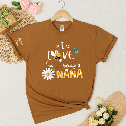 I Love Being a Nana Shirt with Daisy Bee Butterfly, Custom Kids Names T Shirt for Grandma, Cute Floral Nana Gift Top