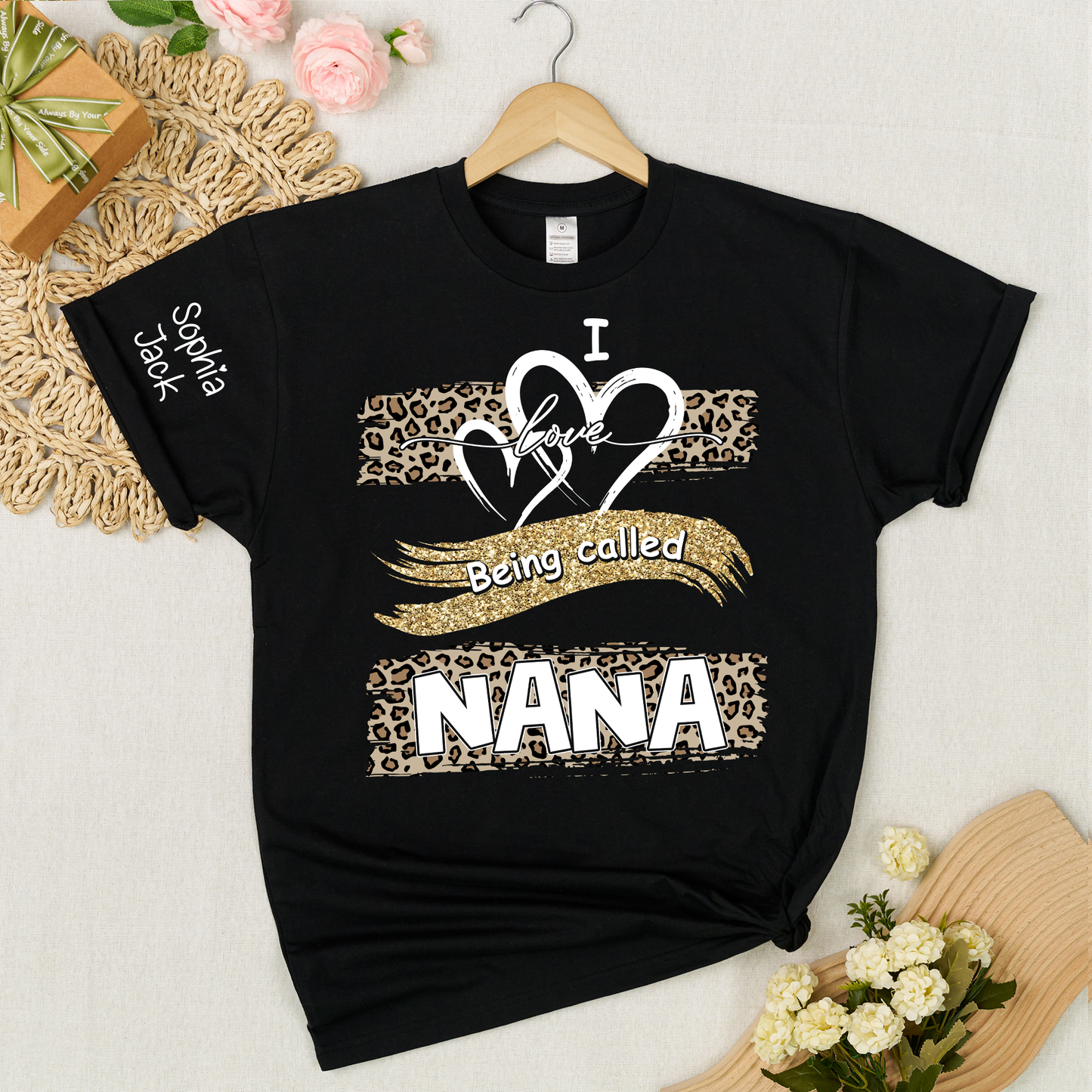 Personalized Nana Shirt Leopard Heart and Glitter Design Custom Grandma Mimi Gigi Name Tee I Love Being Called Nana Family Gift for Her