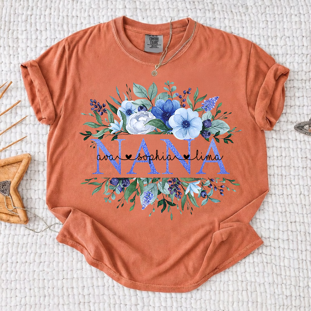 Comfort Colors Personalized Nana T-shirt with Custom Names, Floral Design, Customizable Gift for Nana