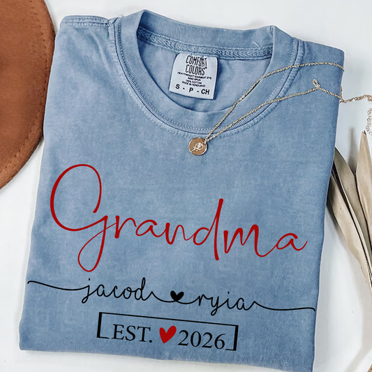 Personalized Grandma Comfort Colors T-Shirt With Kids Names, Custom Grandma Shirt EST Year, Vintage Style Family Sweatshirt, Thoughtful Keepsake For Grandma
