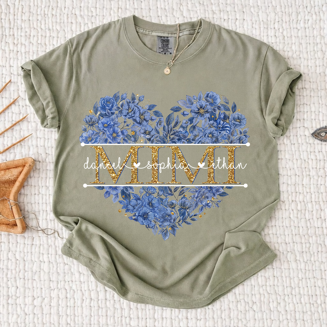 Comfort Personalized Mimi Shirt Blue Floral Heart Design Custom Grandma Nana Gigi Name Tee with Grandkids Names Elegant Family Outfit Gift for Her