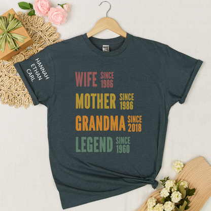 Personalized Wife Mother Grandma Legend Shirt, Custom Family Since Year Design, Unique Gift for Moms and Grandmas, Casual Navy Graphic Tee