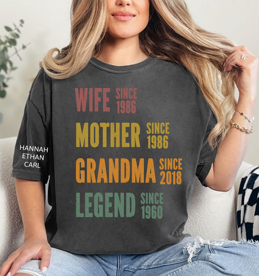 Personalized Wife Mother Grandma Legend Shirt, Custom Family Since Year Design, Unique Gift for Moms and Grandmas, Casual Navy Graphic Tee