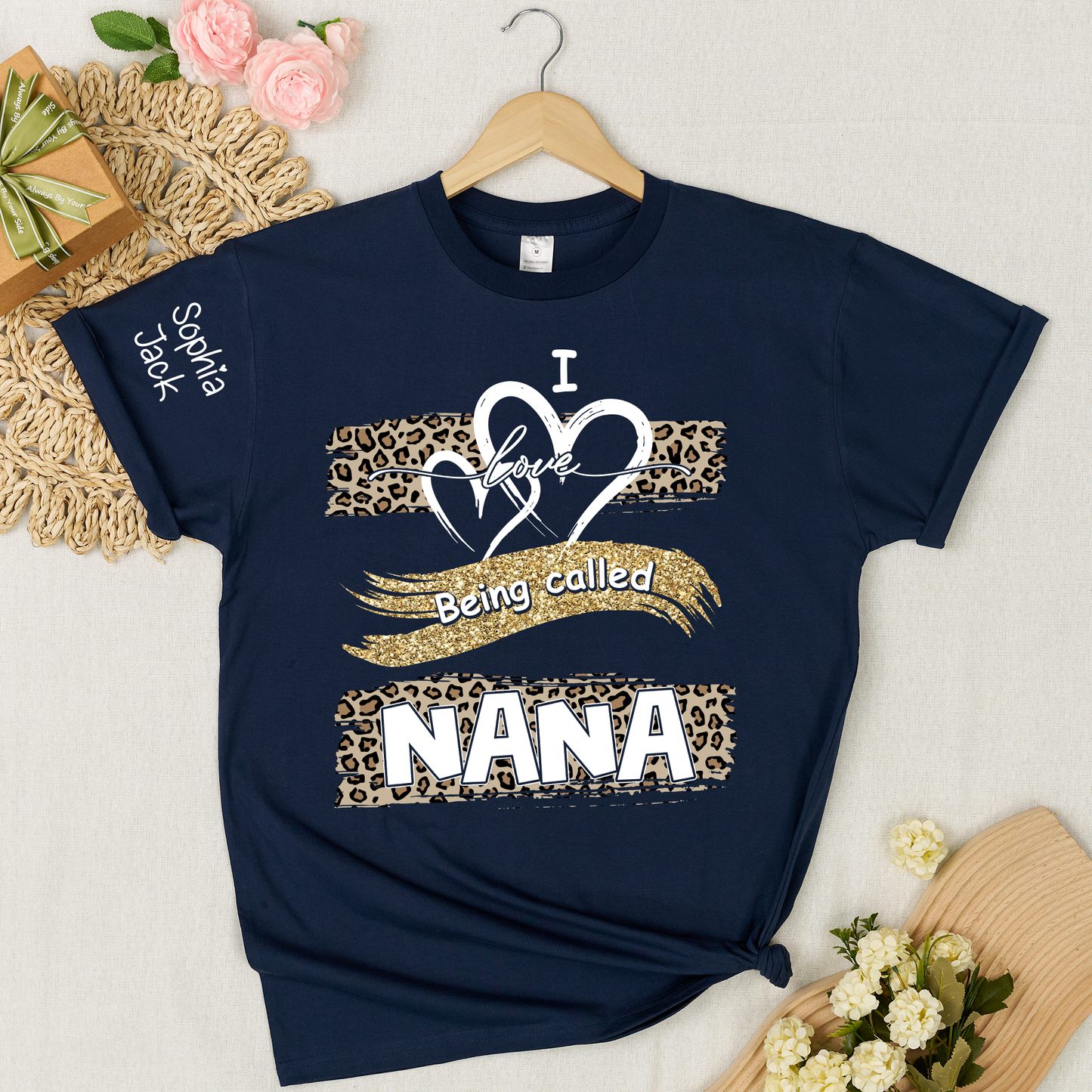 Personalized Nana Shirt Leopard Heart and Glitter Design Custom Grandma Mimi Gigi Name Tee I Love Being Called Nana Family Gift for Her
