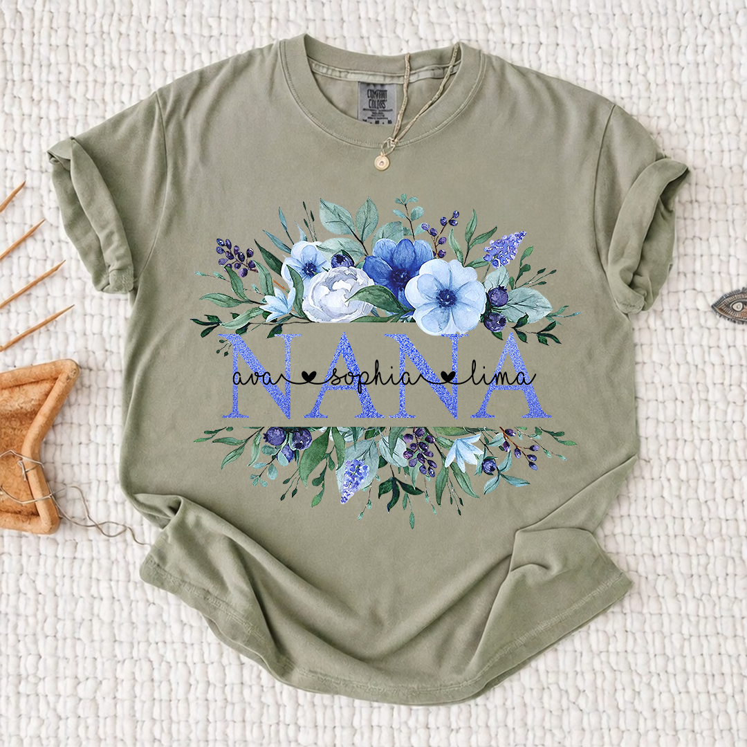 Comfort Colors Personalized Nana T-shirt with Custom Names, Floral Design, Customizable Gift for Nana