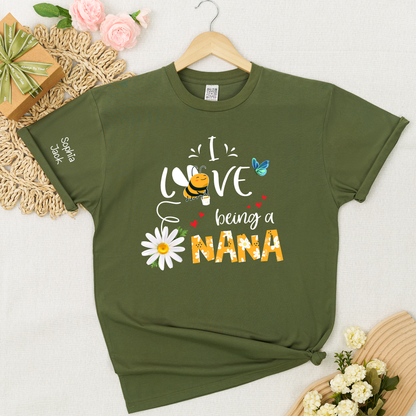 I Love Being a Nana Shirt with Daisy Bee Butterfly, Custom Kids Names T Shirt for Grandma, Cute Floral Nana Gift Top