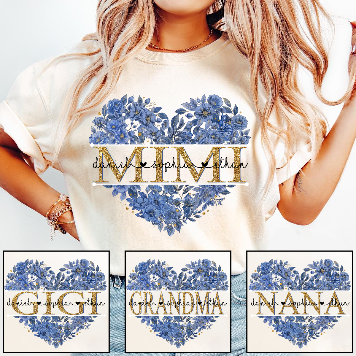 Comfort Personalized Mimi Shirt Blue Floral Heart Design Custom Grandma Nana Gigi Name Tee with Grandkids Names Elegant Family Outfit Gift for Her